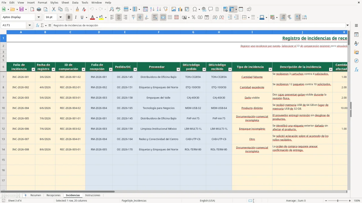 Vista previa de la hoja Incidencias del archivo Controla recepciones de mercancías en Excel Gratis 2026