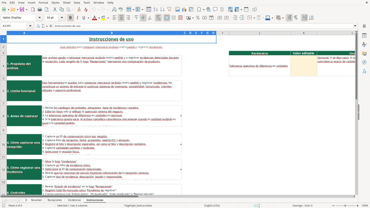 Vista previa de la hoja Instrucciones del archivo Controla recepciones de mercancías en Excel Gratis 2026