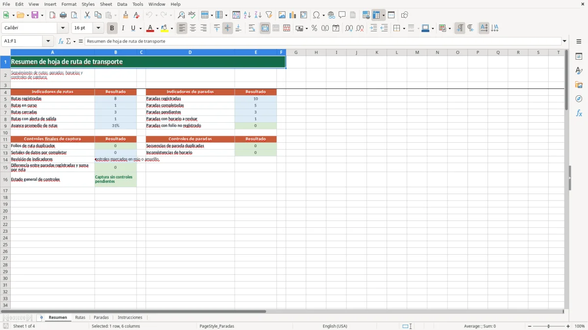 Vista previa de la hoja Resumen del archivo Rutas de transporte y paradas en Excel Gratis 2026