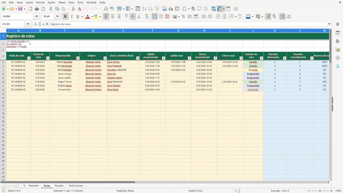 Vista previa de la hoja Rutas del archivo Rutas de transporte y paradas en Excel Gratis 2026