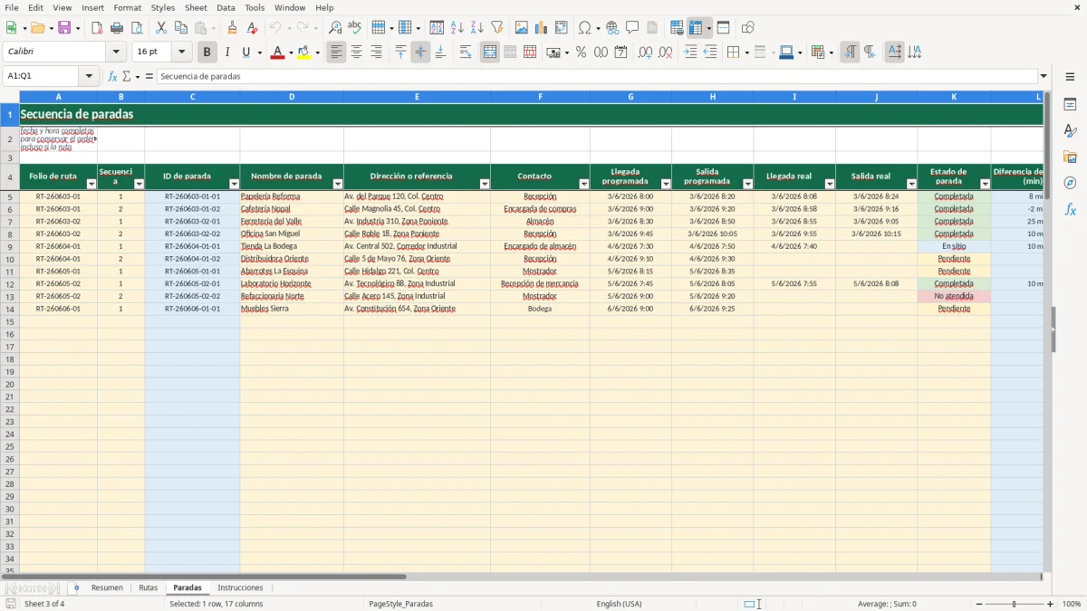 Vista previa de la hoja Paradas del archivo Rutas de transporte y paradas en Excel Gratis 2026