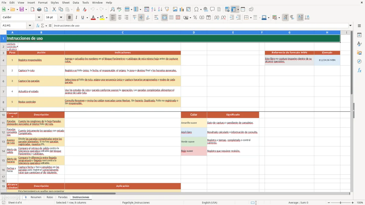 Vista previa de la hoja Instrucciones del archivo Rutas de transporte y paradas en Excel Gratis 2026