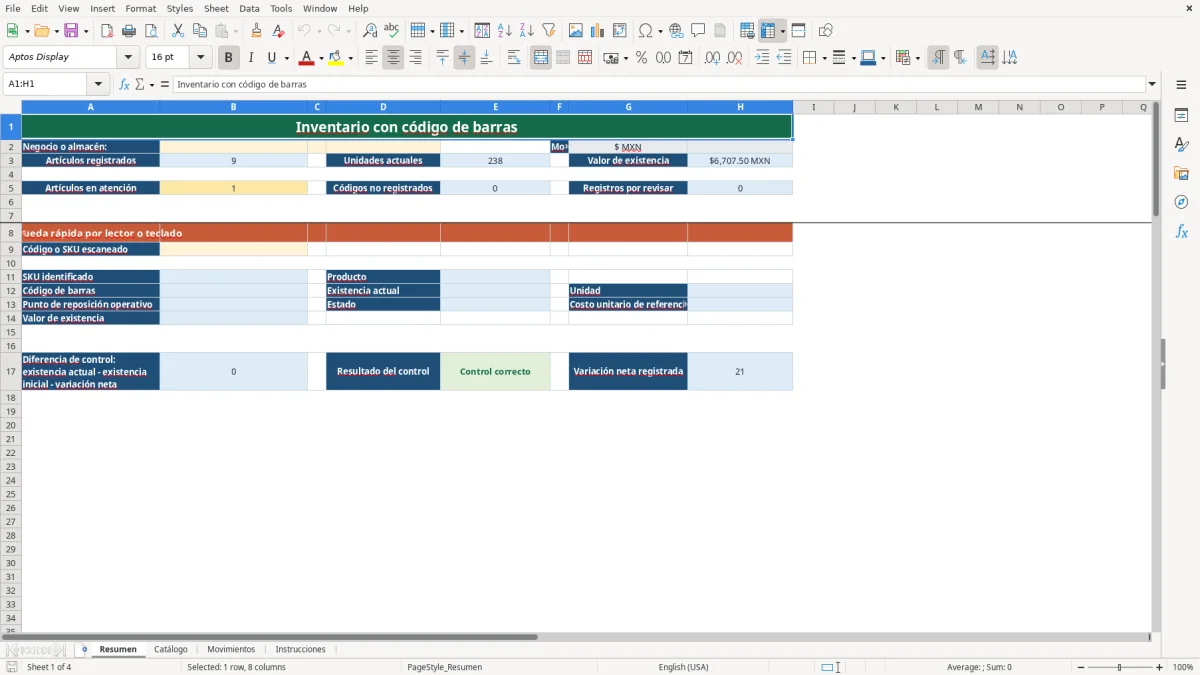Vista previa de la hoja Resumen del archivo Control con código de barras en Excel Gratis 2026 con lector