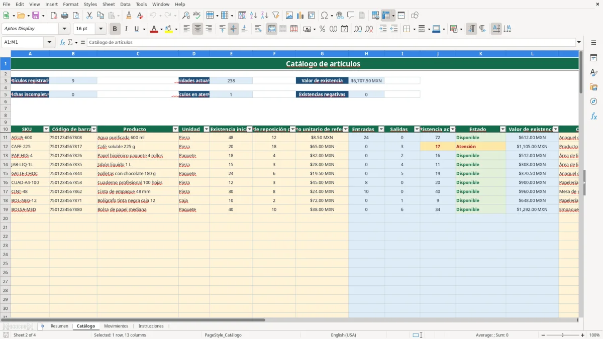 Vista previa de la hoja Catálogo del archivo Control con código de barras en Excel Gratis 2026 con lector