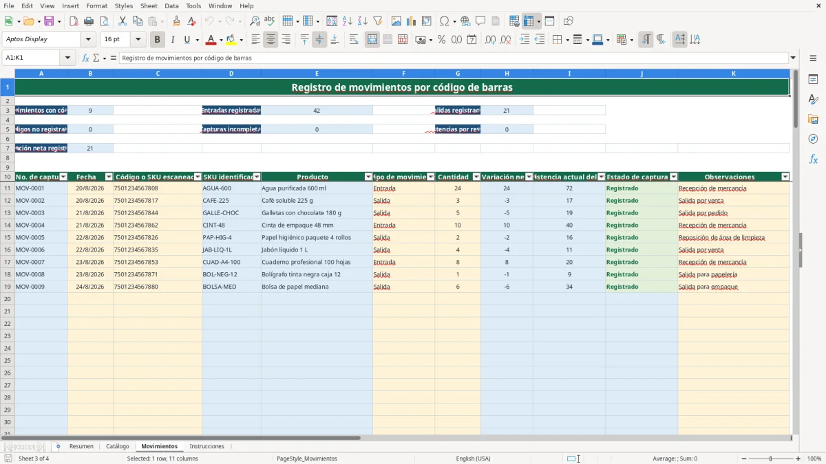 Vista previa de la hoja Movimientos del archivo Control con código de barras en Excel Gratis 2026 con lector