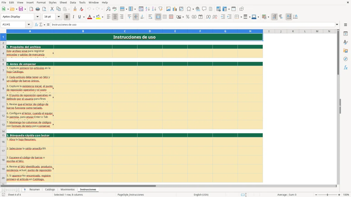 Vista previa de la hoja Instrucciones del archivo Control con código de barras en Excel Gratis 2026 con lector