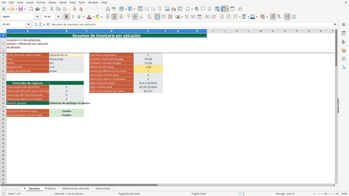 Vista previa de la hoja Resumen del archivo Inventario por ubicación en Excel Gratis 2026