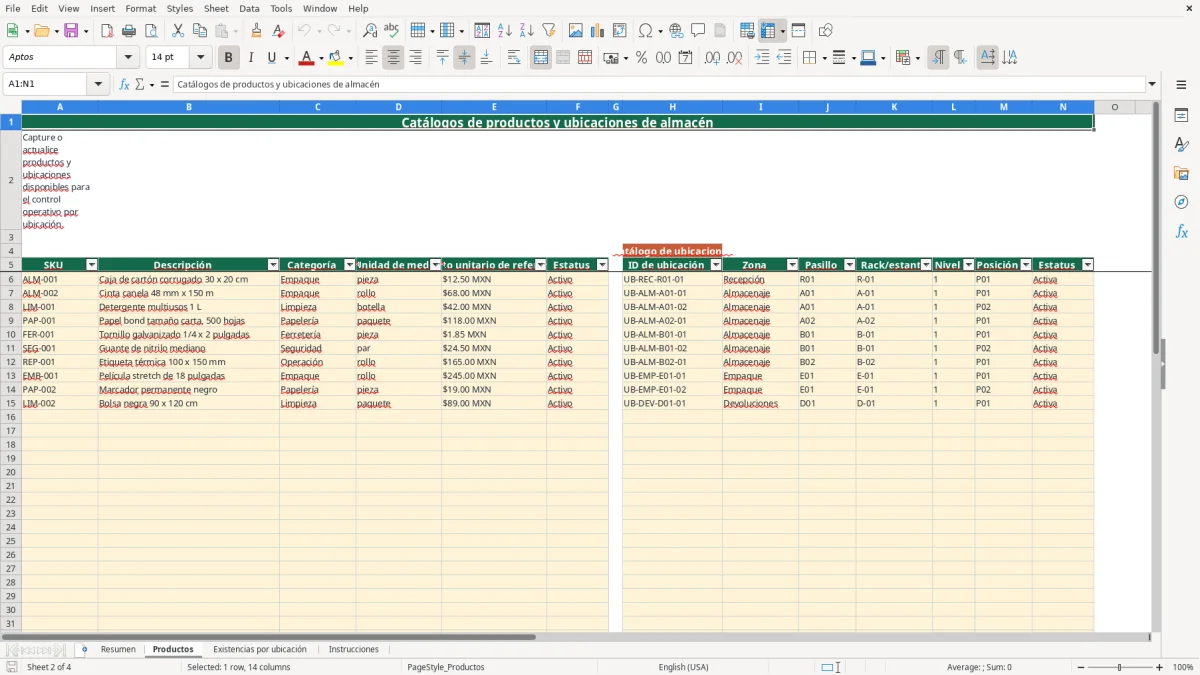 Vista previa de la hoja Productos del archivo Inventario por ubicación en Excel Gratis 2026