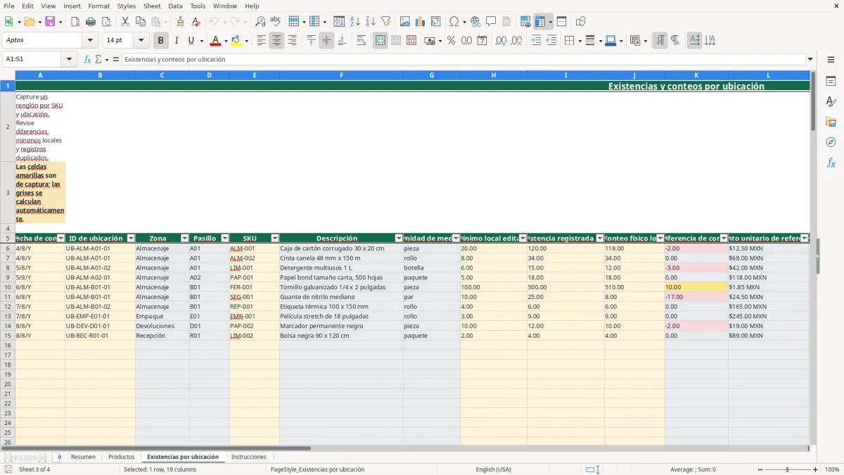 Vista previa de la hoja Existencias por ubicación del archivo Inventario por ubicación en Excel Gratis 2026
