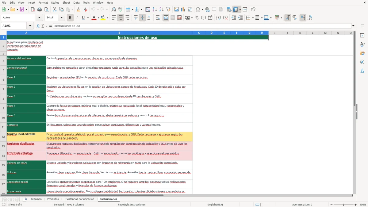 Vista previa de la hoja Instrucciones del archivo Inventario por ubicación en Excel Gratis 2026