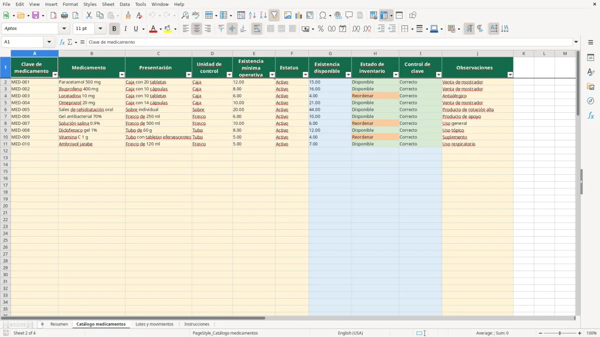 Vista previa de la hoja Catálogo medicamentos del archivo Control de farmacia por lote en Excel Gratis 2026