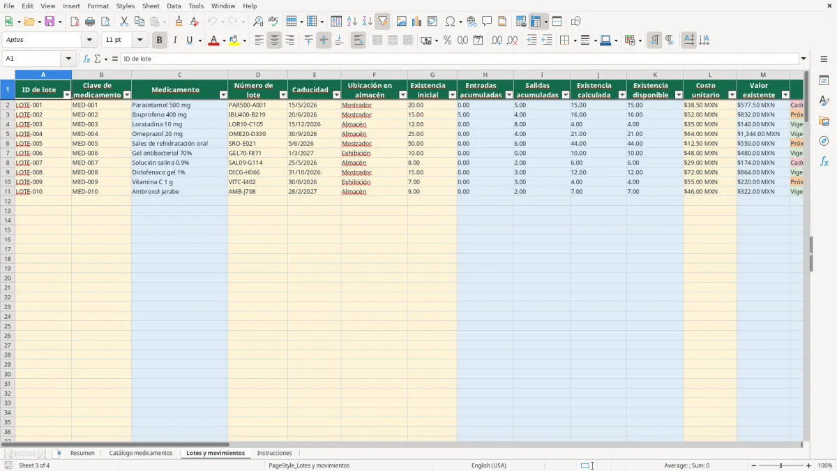 Vista previa de la hoja Lotes y movimientos del archivo Control de farmacia por lote en Excel Gratis 2026