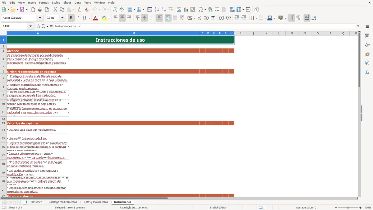 Vista previa de la hoja Instrucciones del archivo Control de farmacia por lote en Excel Gratis 2026