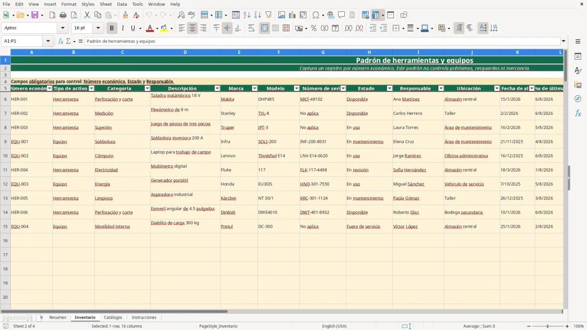 Vista previa de la hoja Inventario del archivo Administra herramientas y equipos en Excel Gratis 2026