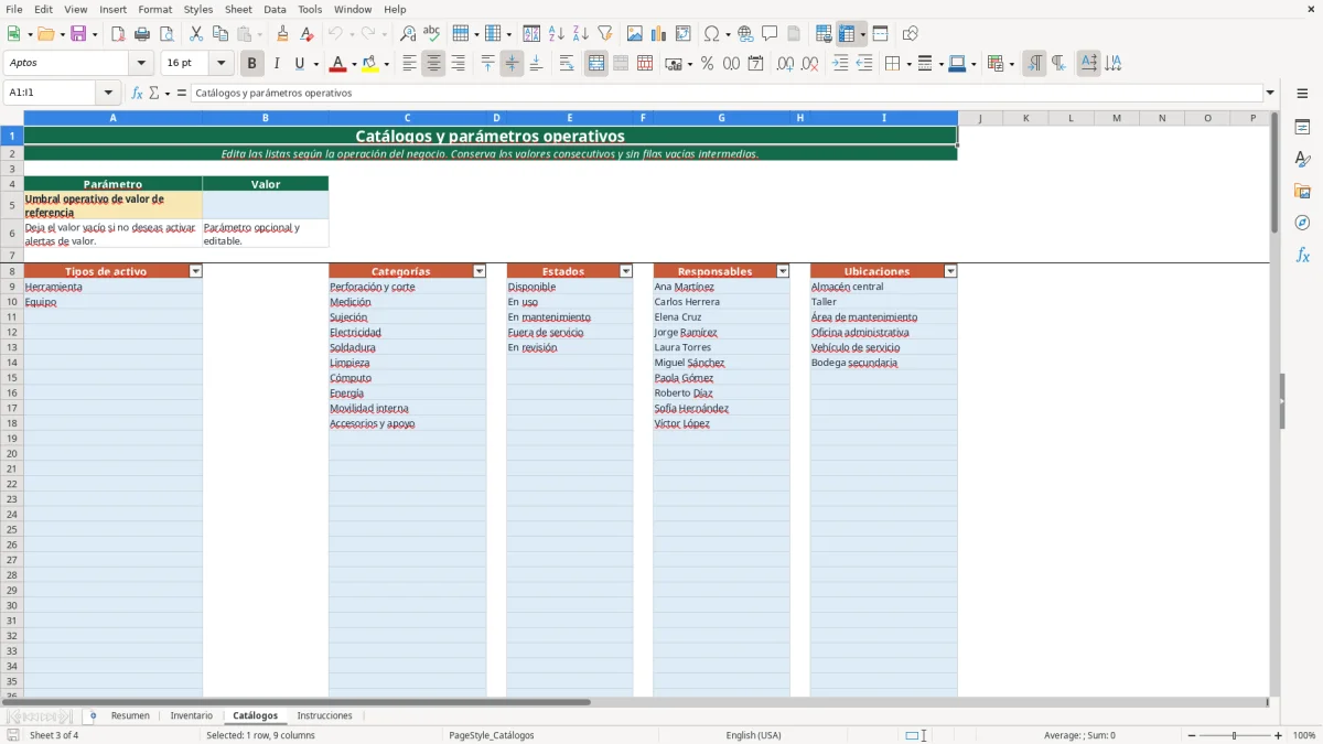 Vista previa de la hoja Catálogos del archivo Administra herramientas y equipos en Excel Gratis 2026