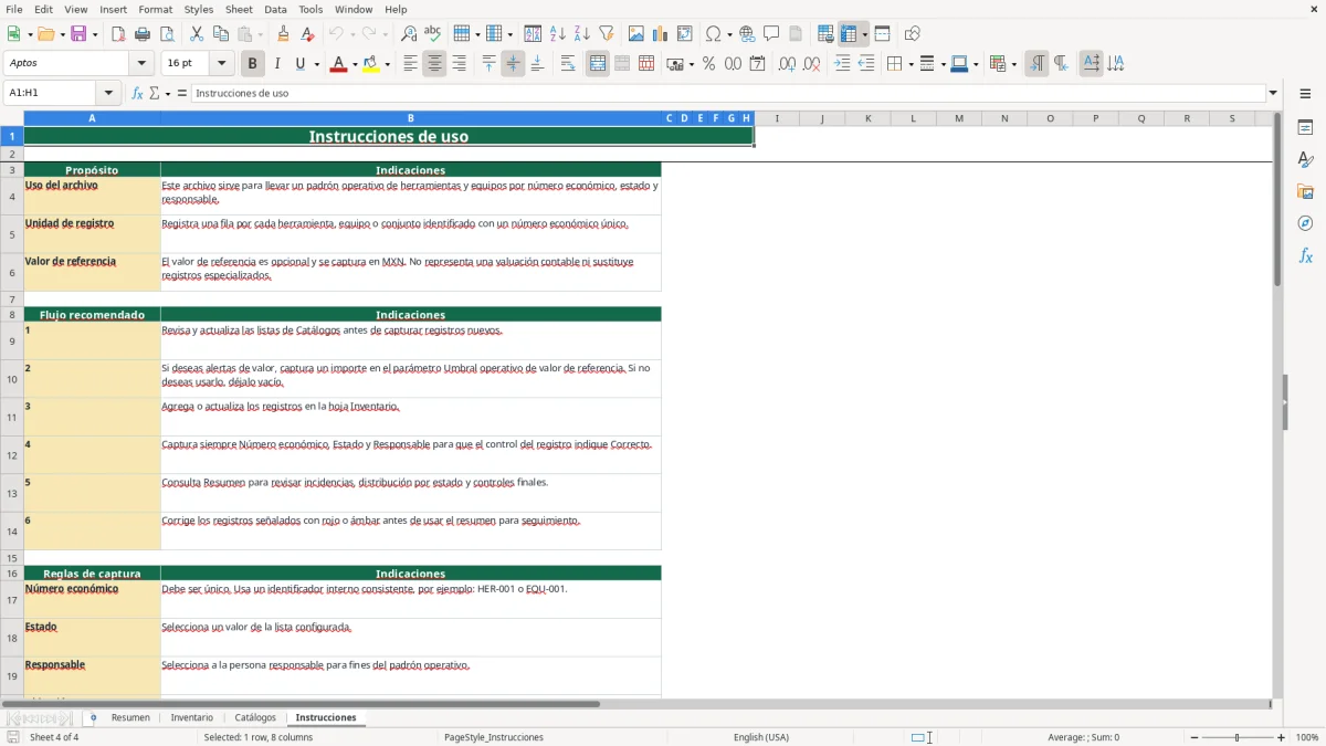 Vista previa de la hoja Instrucciones del archivo Administra herramientas y equipos en Excel Gratis 2026
