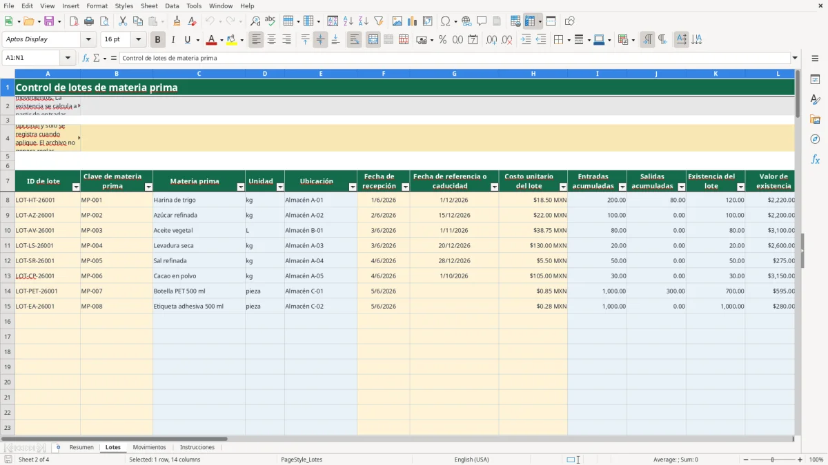 Vista previa de la hoja Lotes del archivo Control por lote de materia prima en Excel Gratis 2026