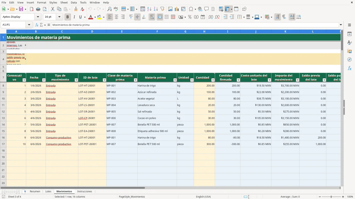 Vista previa de la hoja Movimientos del archivo Control por lote de materia prima en Excel Gratis 2026