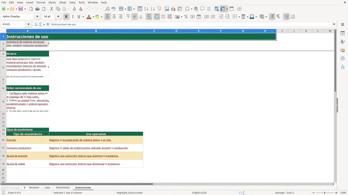 Vista previa de la hoja Instrucciones del archivo Control por lote de materia prima en Excel Gratis 2026