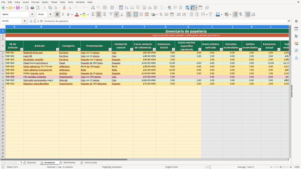 Vista previa de la hoja Inventario del archivo Control de papelería en Excel Gratis para 2026