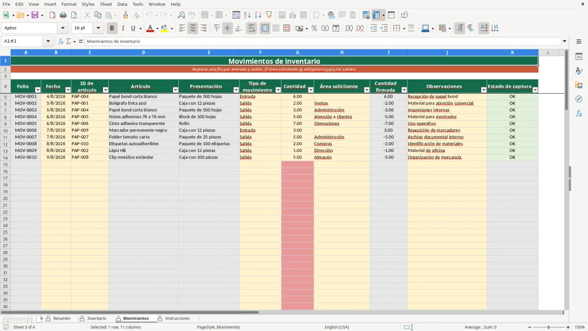 Vista previa de la hoja Movimientos del archivo Control de papelería en Excel Gratis para 2026