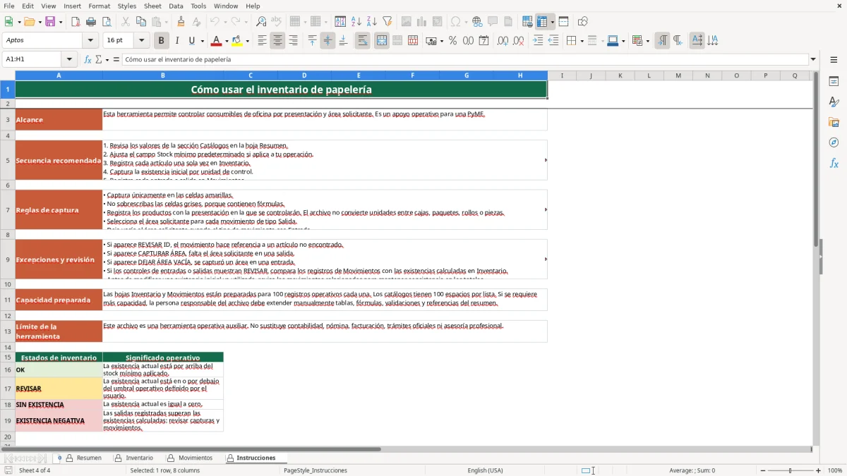 Vista previa de la hoja Instrucciones del archivo Control de papelería en Excel Gratis para 2026