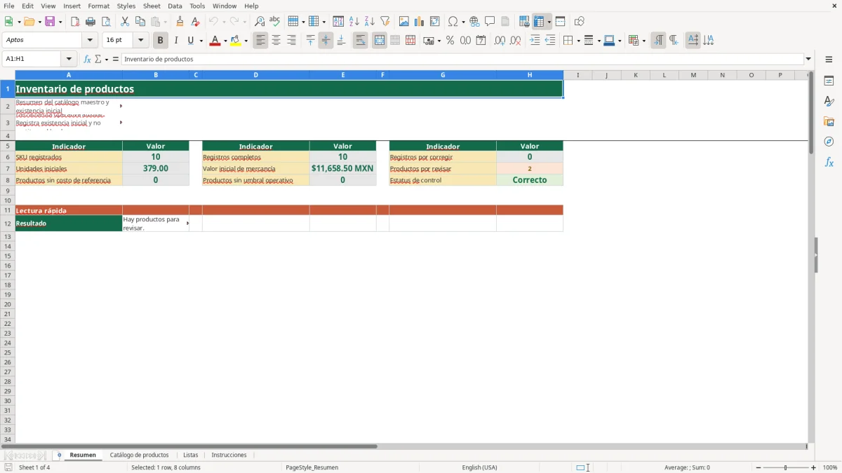 Vista previa de la hoja Resumen del archivo Organiza tu inventario de productos en Excel Gratis 2026