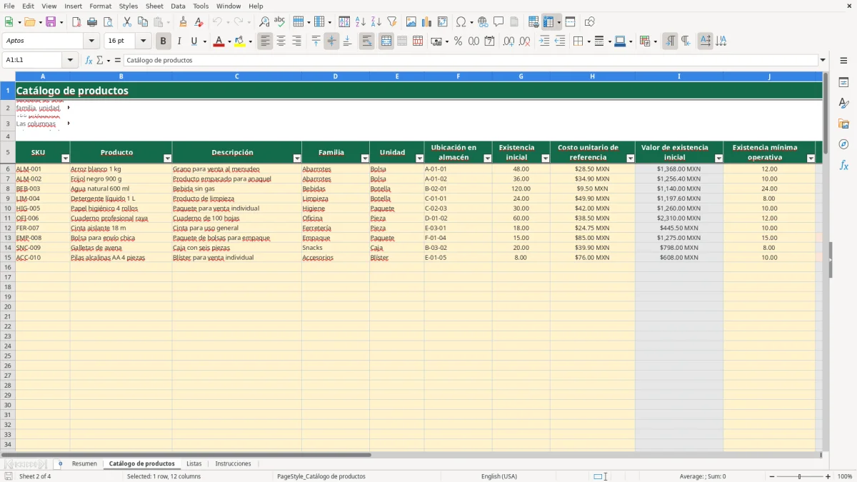 Vista previa de la hoja Catálogo de productos del archivo Organiza tu inventario de productos en Excel Gratis 2026