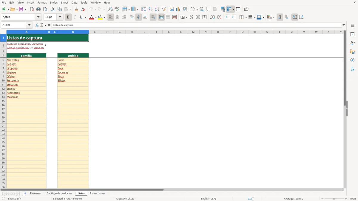 Vista previa de la hoja Listas del archivo Organiza tu inventario de productos en Excel Gratis 2026