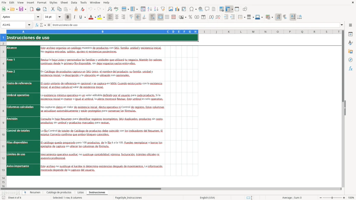 Vista previa de la hoja Instrucciones del archivo Organiza tu inventario de productos en Excel Gratis 2026