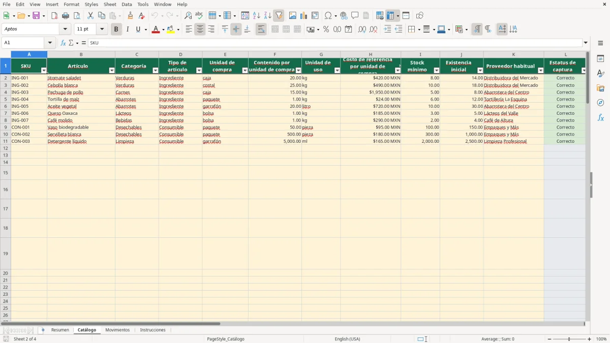 Vista previa de la hoja Catálogo del archivo Control de inventario de restaurante en Excel Gratis 2026