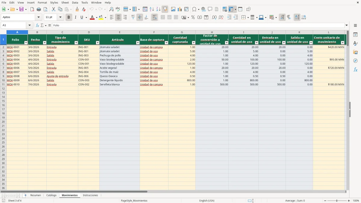 Vista previa de la hoja Movimientos del archivo Control de inventario de restaurante en Excel Gratis 2026