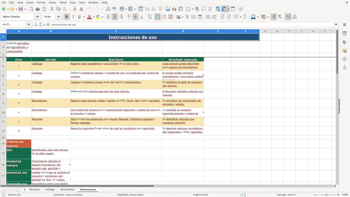 Vista previa de la hoja Instrucciones del archivo Control de inventario de restaurante en Excel Gratis 2026
