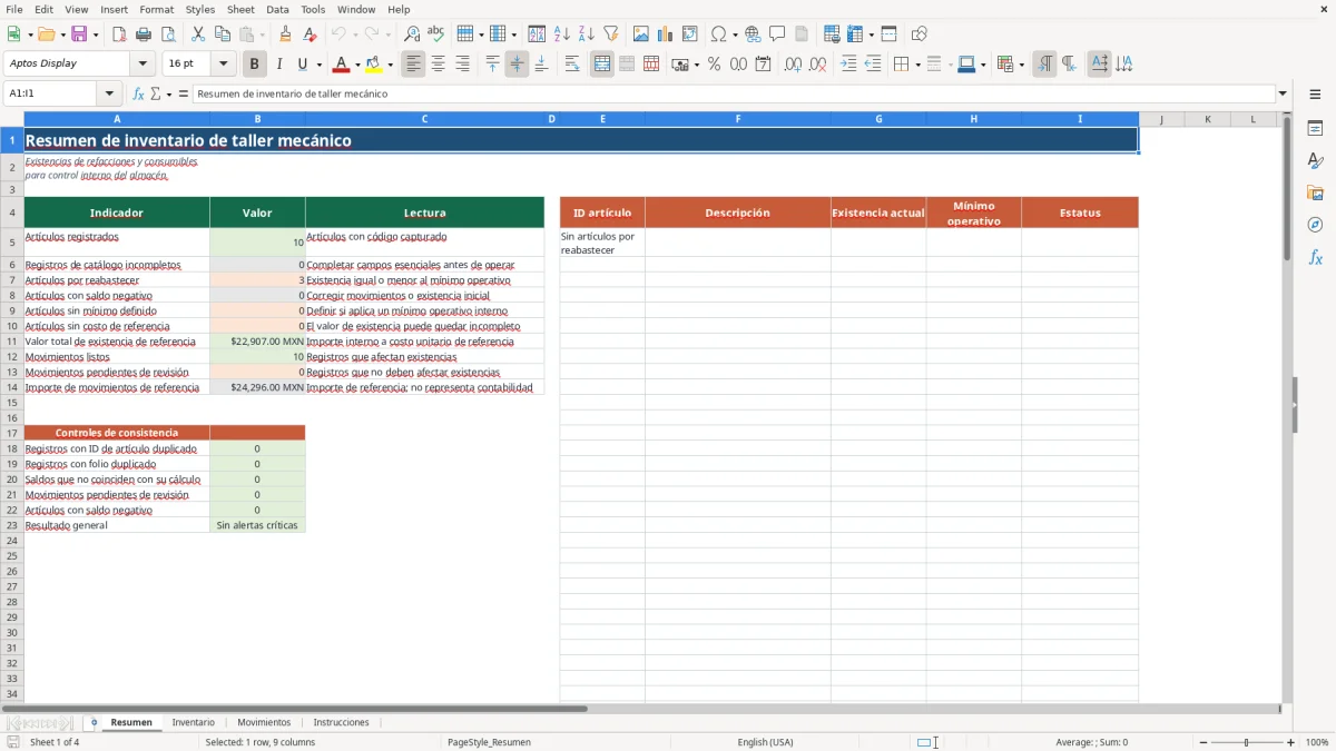 Vista previa de la hoja Resumen del archivo Control de inventario para taller en Excel Gratis 2026
