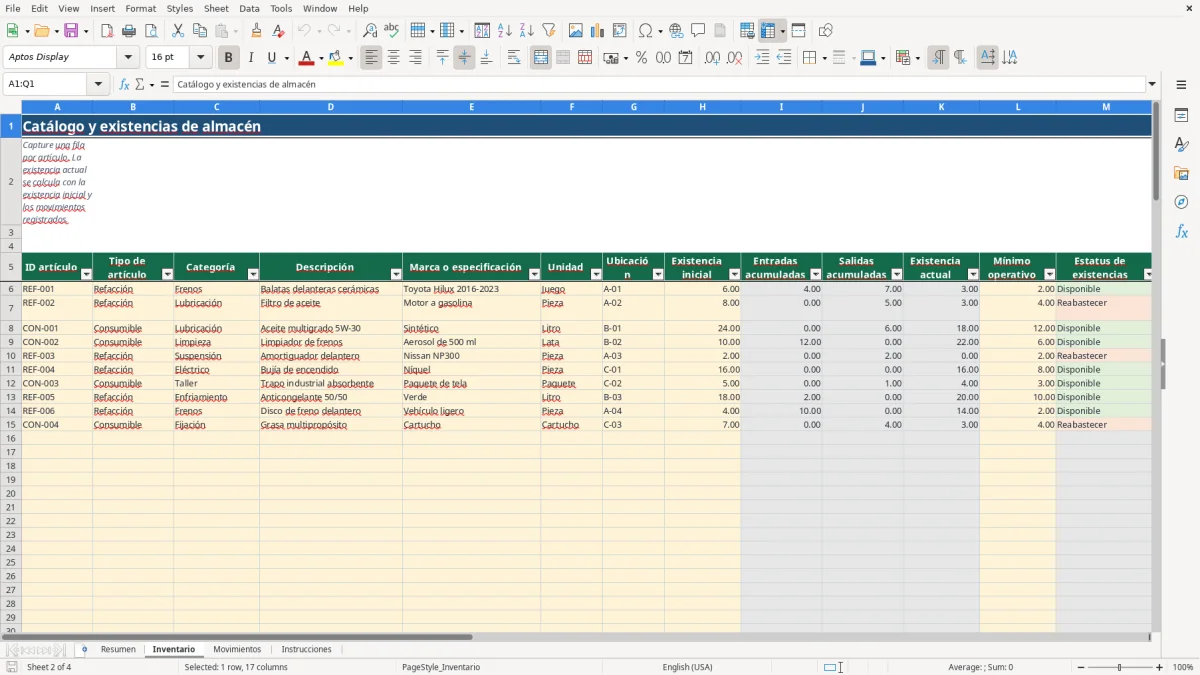 Vista previa de la hoja Inventario del archivo Control de inventario para taller en Excel Gratis 2026