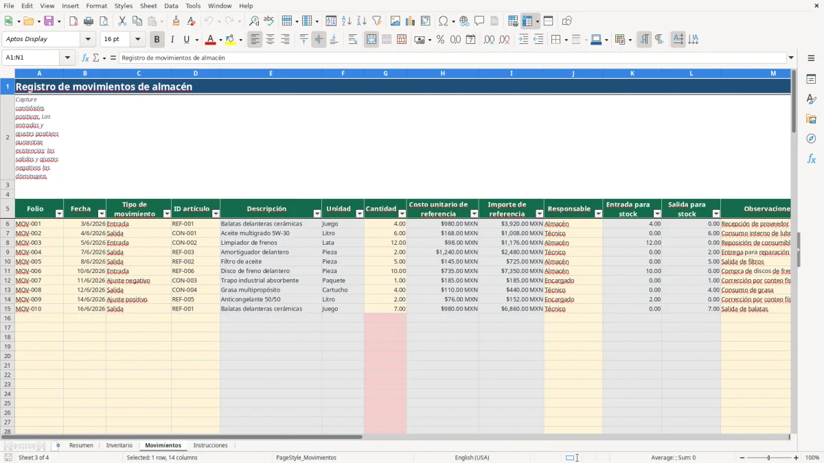 Vista previa de la hoja Movimientos del archivo Control de inventario para taller en Excel Gratis 2026