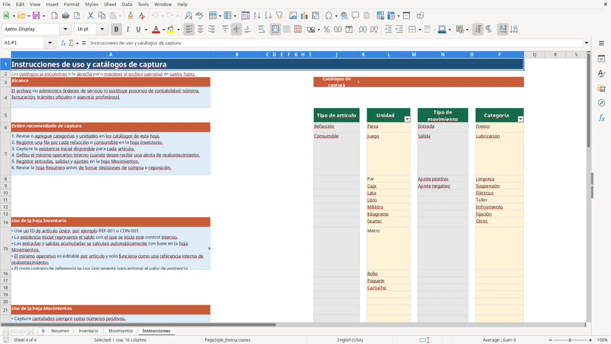 Vista previa de la hoja Instrucciones del archivo Control de inventario para taller en Excel Gratis 2026