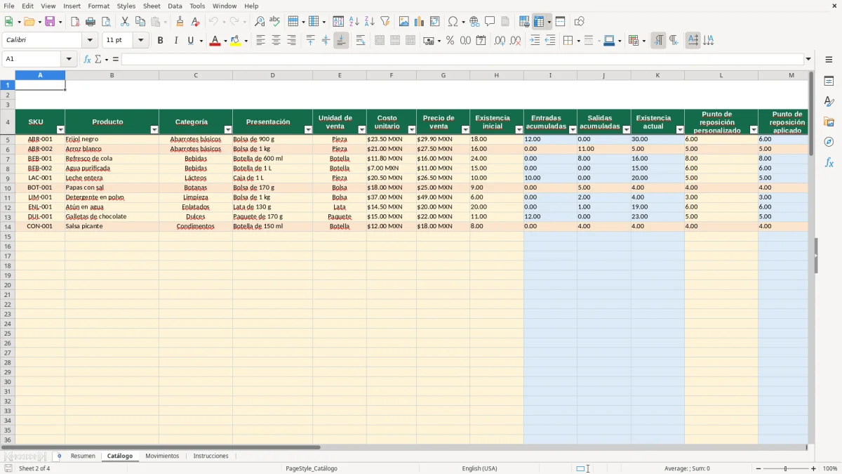 Vista previa de la hoja Catálogo del archivo Control de inventario de abarrotes en Excel Gratis 2026