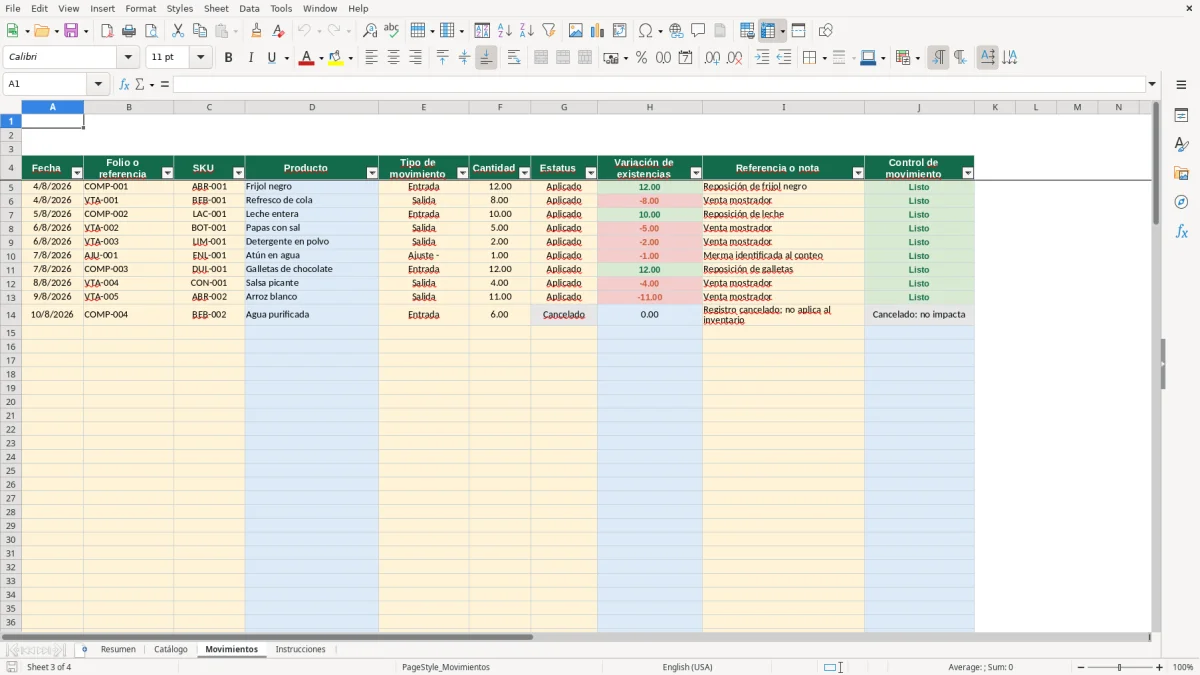 Vista previa de la hoja Movimientos del archivo Control de inventario de abarrotes en Excel Gratis 2026