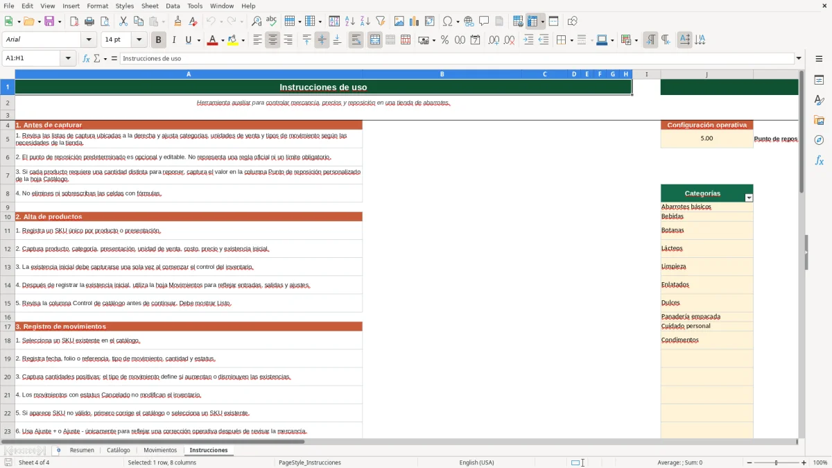 Vista previa de la hoja Instrucciones del archivo Control de inventario de abarrotes en Excel Gratis 2026