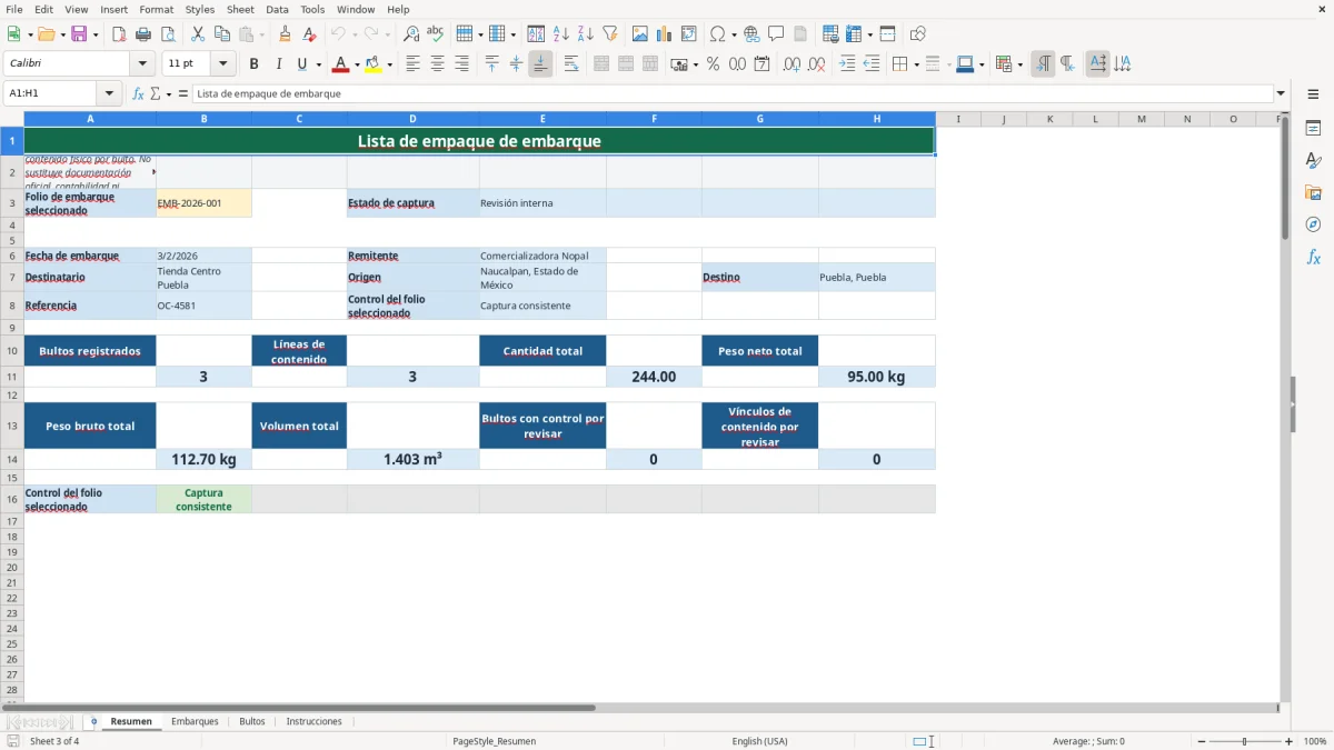 Vista previa de la hoja Resumen del archivo Packing list en Excel Gratis 2026 para detallar bultos