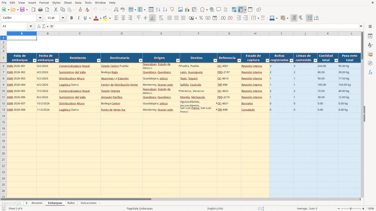 Vista previa de la hoja Embarques del archivo Packing list en Excel Gratis 2026 para detallar bultos