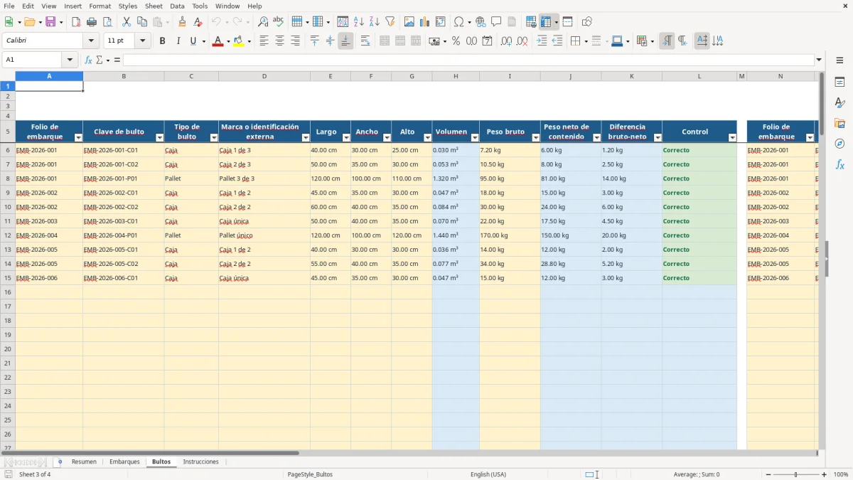 Vista previa de la hoja Bultos del archivo Packing list en Excel Gratis 2026 para detallar bultos