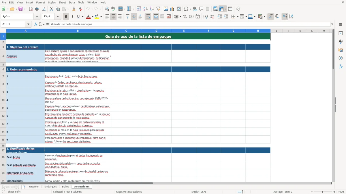 Vista previa de la hoja Instrucciones del archivo Packing list en Excel Gratis 2026 para detallar bultos
