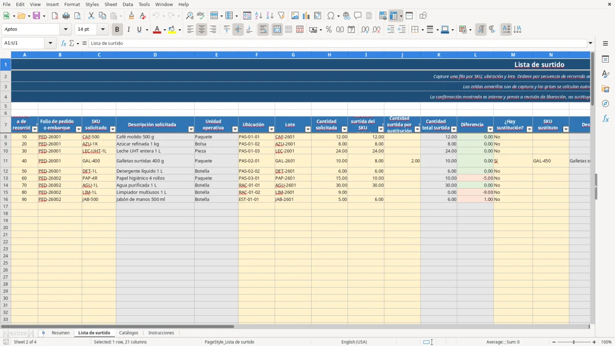 Vista previa de la hoja Lista de surtido del archivo Organiza tu picking list en Excel Gratis 2026