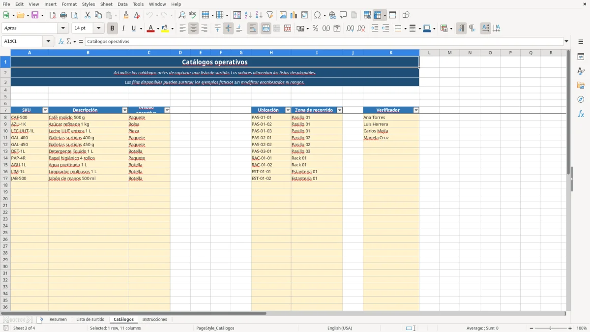 Vista previa de la hoja Catálogos del archivo Organiza tu picking list en Excel Gratis 2026