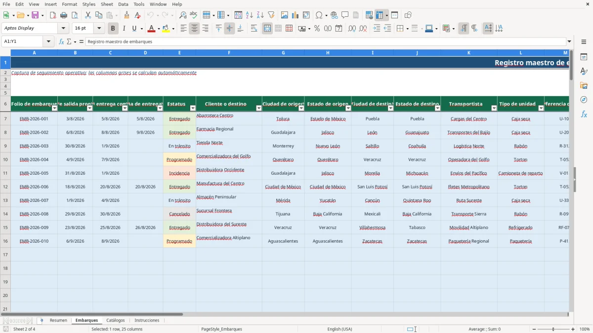 Vista previa de la hoja Embarques del archivo Control de embarques en Excel Gratis 2026