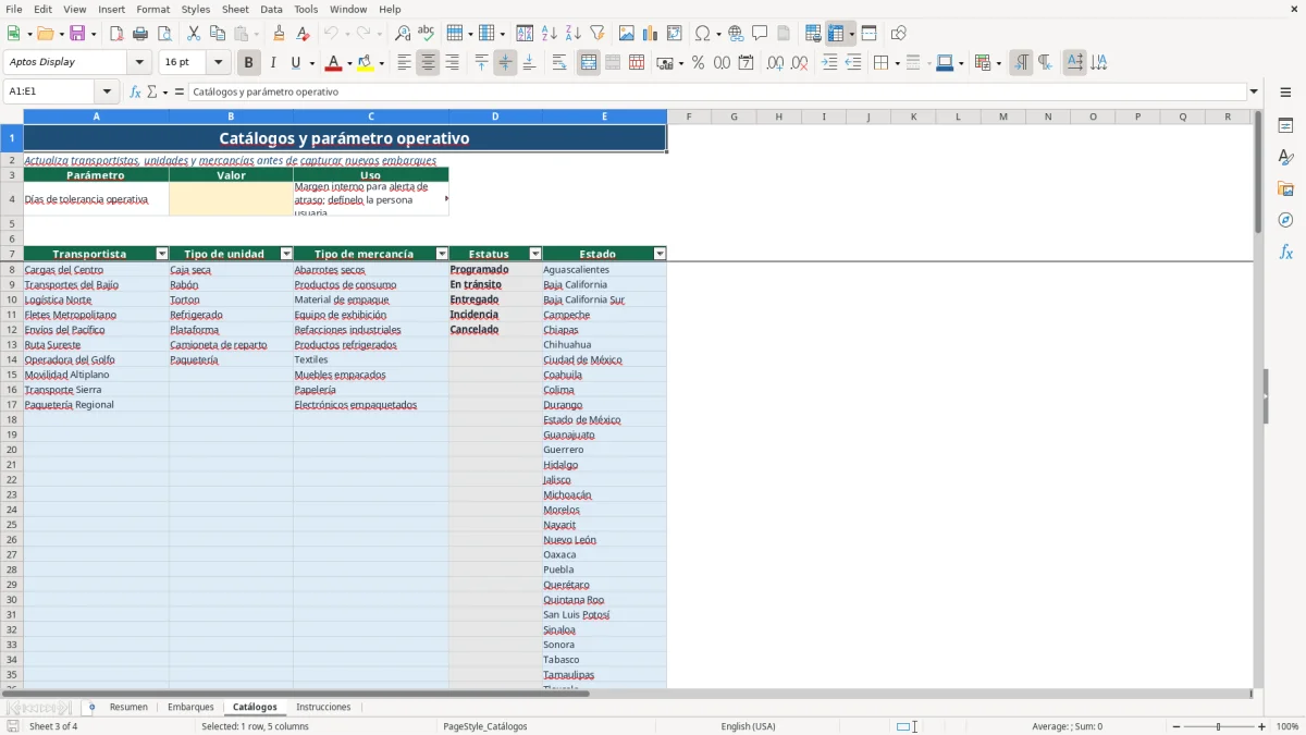 Vista previa de la hoja Catálogos del archivo Control de embarques en Excel Gratis 2026