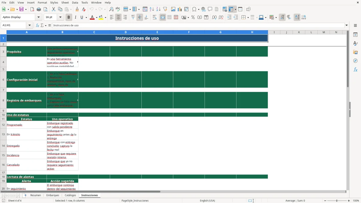 Vista previa de la hoja Instrucciones del archivo Control de embarques en Excel Gratis 2026