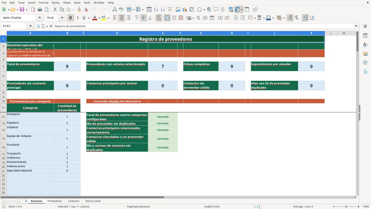 Vista previa de la hoja Resumen del archivo Directorio de proveedores en Excel Gratis 2026
